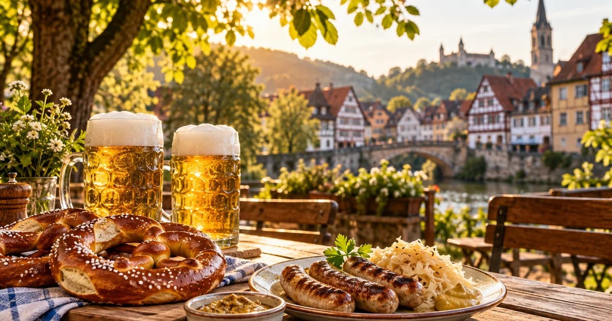 Illustration of a beer garden table with pretzels, bratwurst and lager beside a half-timbered old town