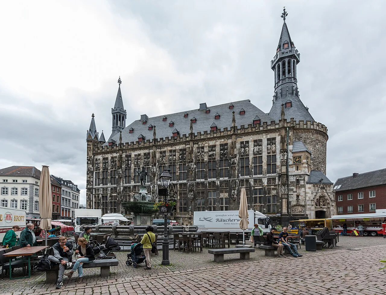 Aachen Town Hall above outdoor seating on the Markt, Aachen.