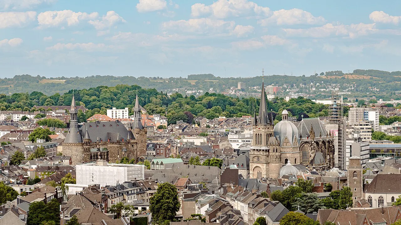 Aachen Town Hall and Cathedral above the old town, Aachen.