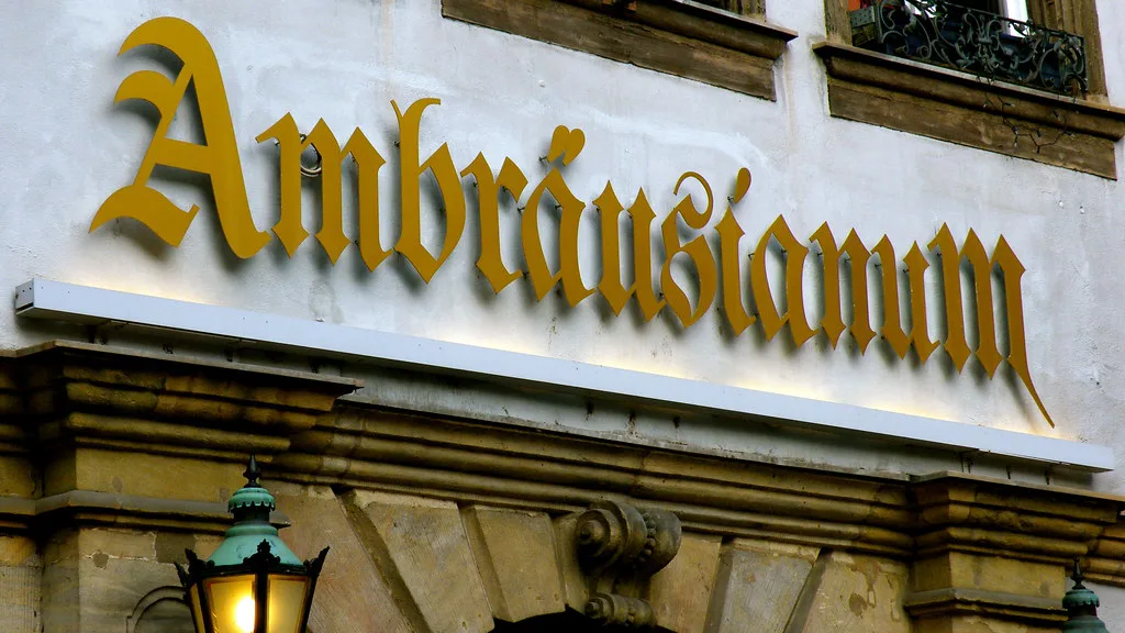 The gold-lettered Ambräusianum sign, Bamberg.