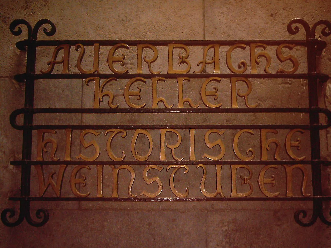 The wrought-iron Auerbachs Keller Historische Weinstuben sign, Leipzig.
