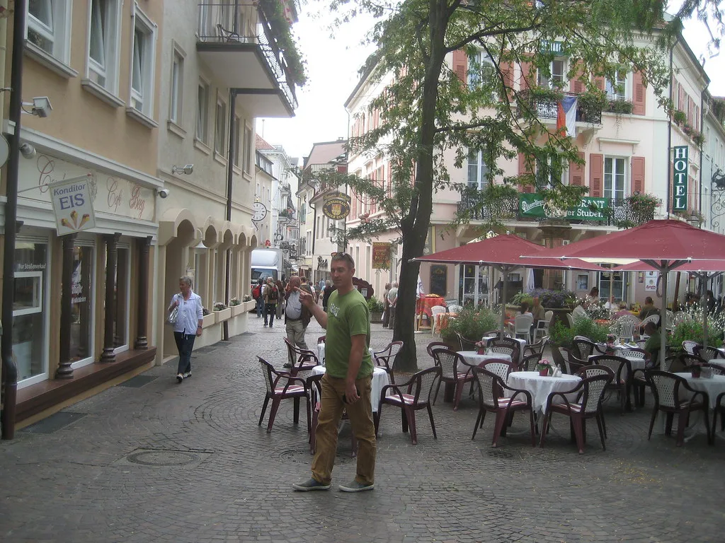 Café terraces on a pedestrian street in Baden-Baden.