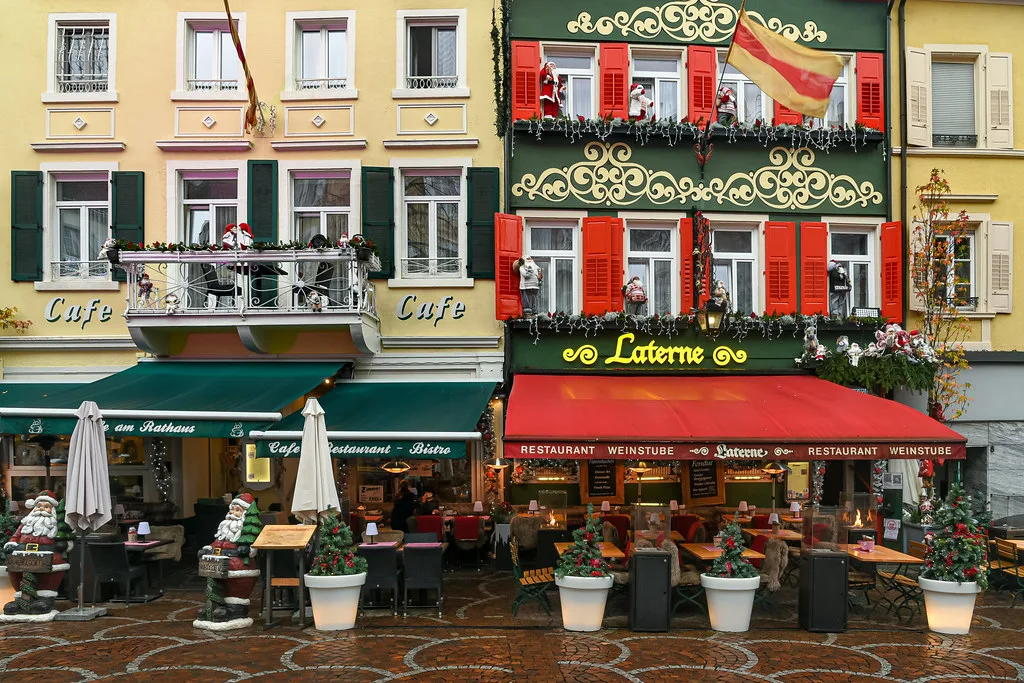 Cafés and restaurants with outdoor tables in the old town, Baden-Baden.