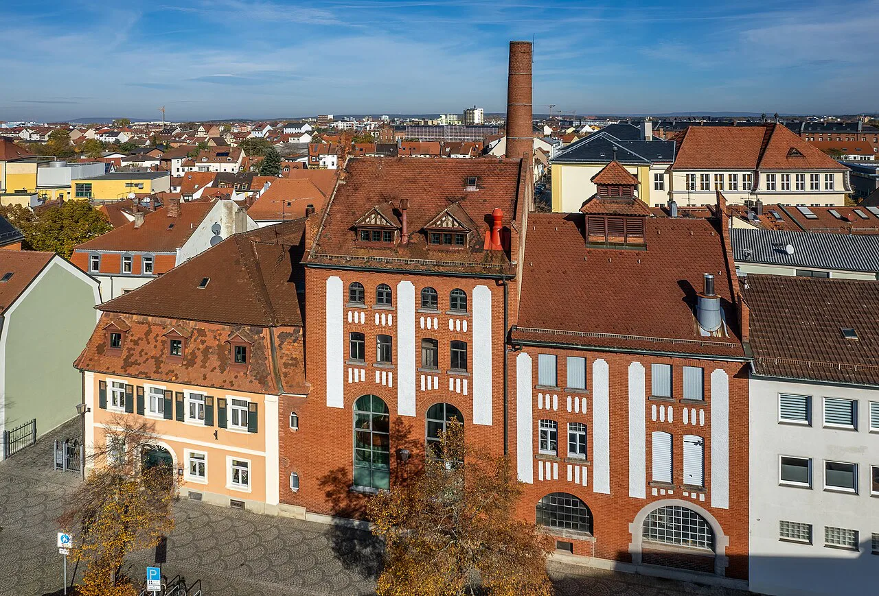 Aerial view of the Mahrs Bräu brewery inn and its chimney, Bamberg.