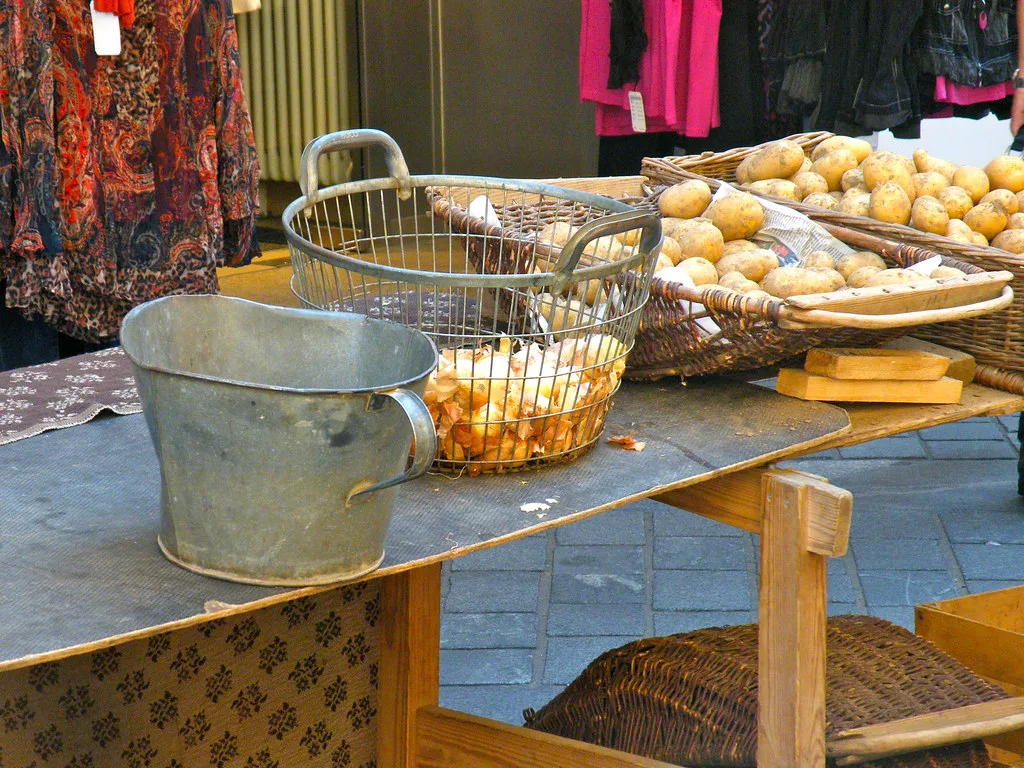 Potatoes and onions for sale at the weekly market, Bamberg.