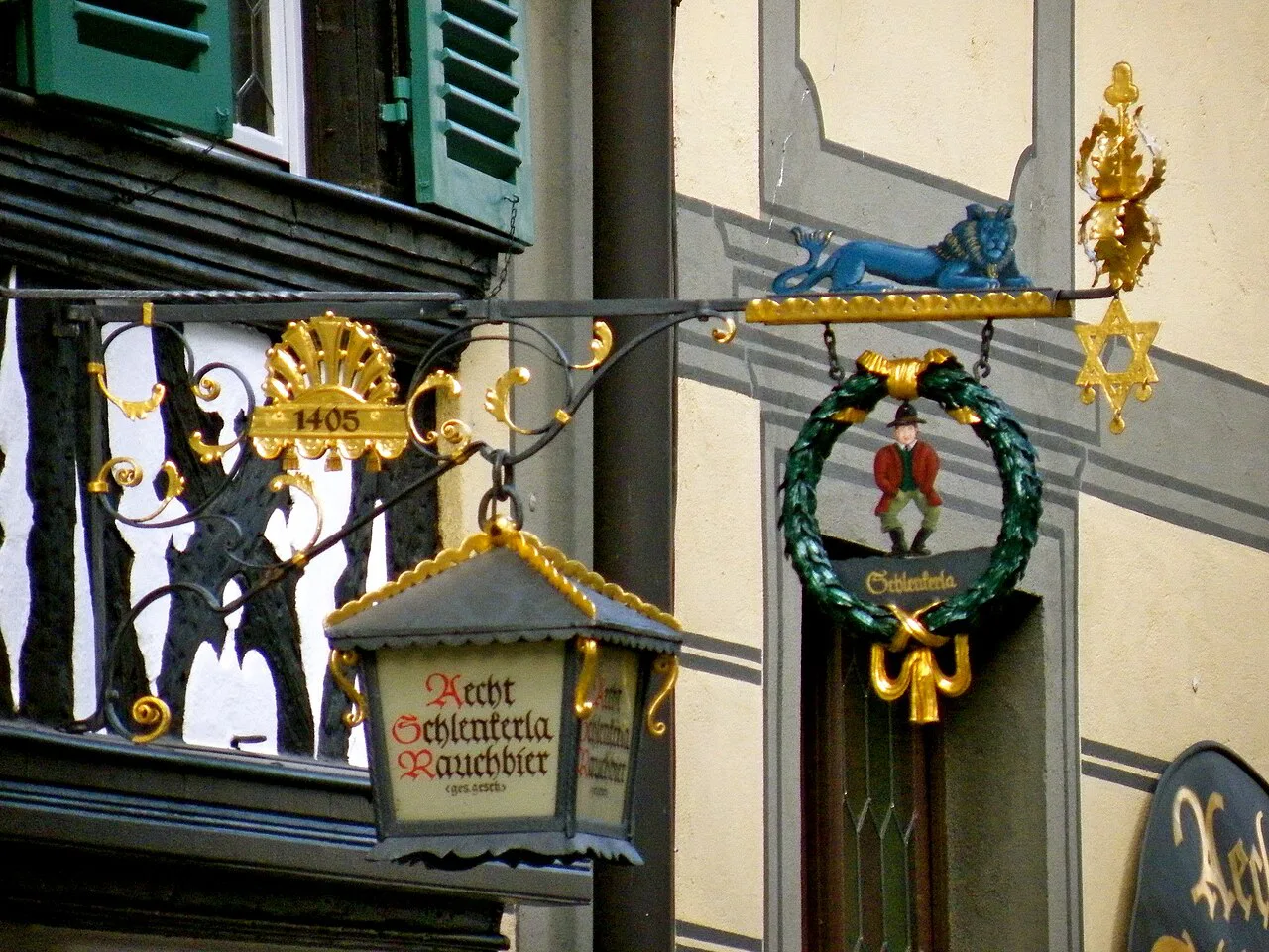 The hanging sign of the Schlenkerla smoked beer tavern, Bamberg.