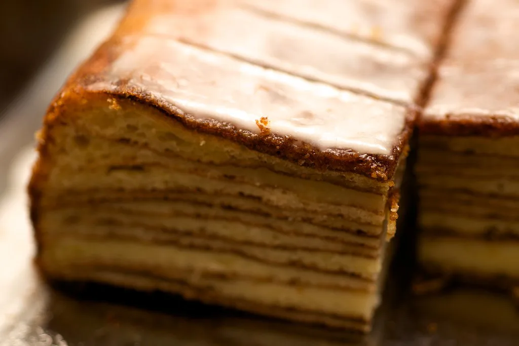 Slices of Baumkuchen showing its thin baked layers.