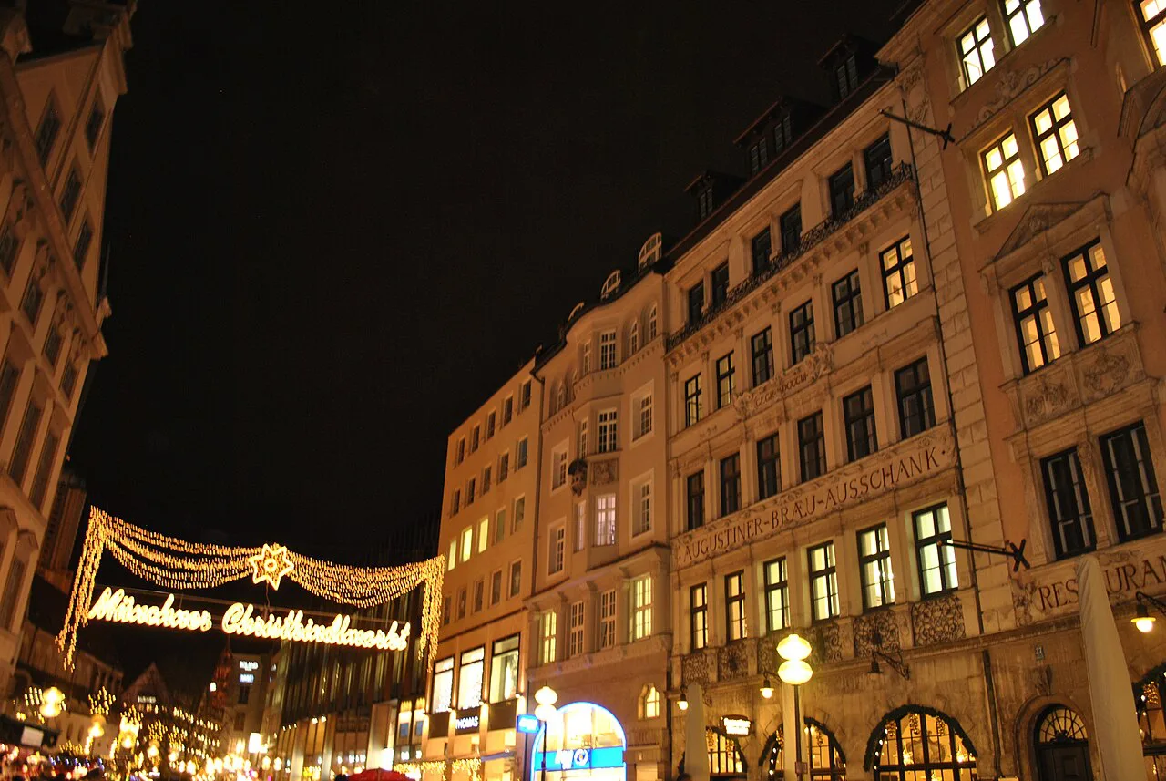 The Augustiner-Bräu building lit up for the Christmas season, Munich.