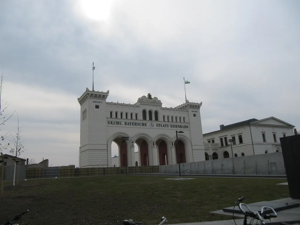The historic portico of the Bayerischer Bahnhof, Leipzig.