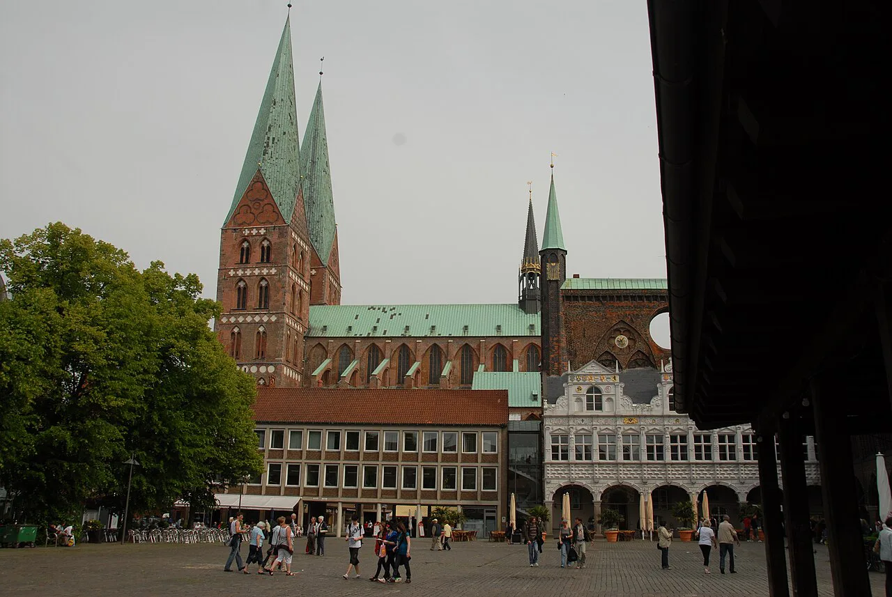 Lübeck's Marktplatz with St. Mary's Church and the town hall.
