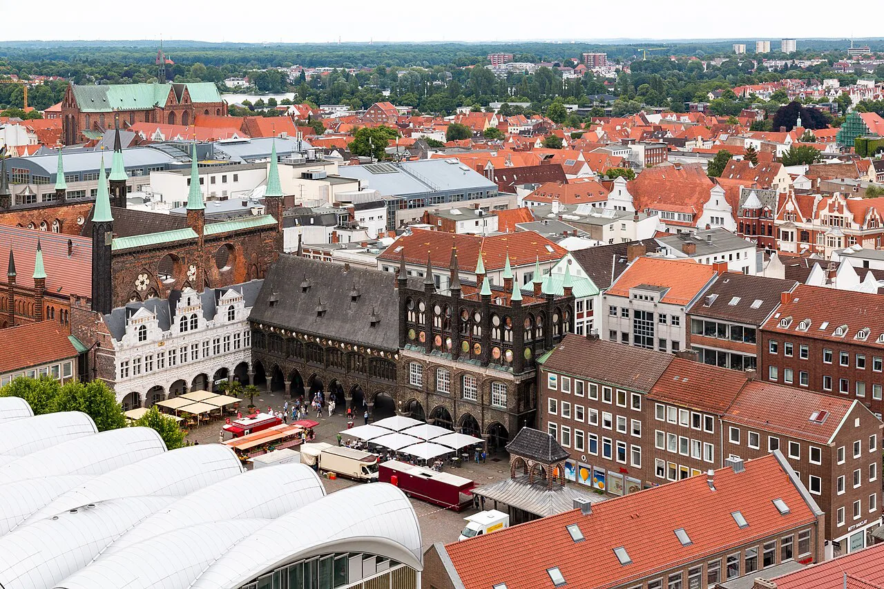 Lübeck's town hall and old town seen from the tower of St. Peter's Church.
