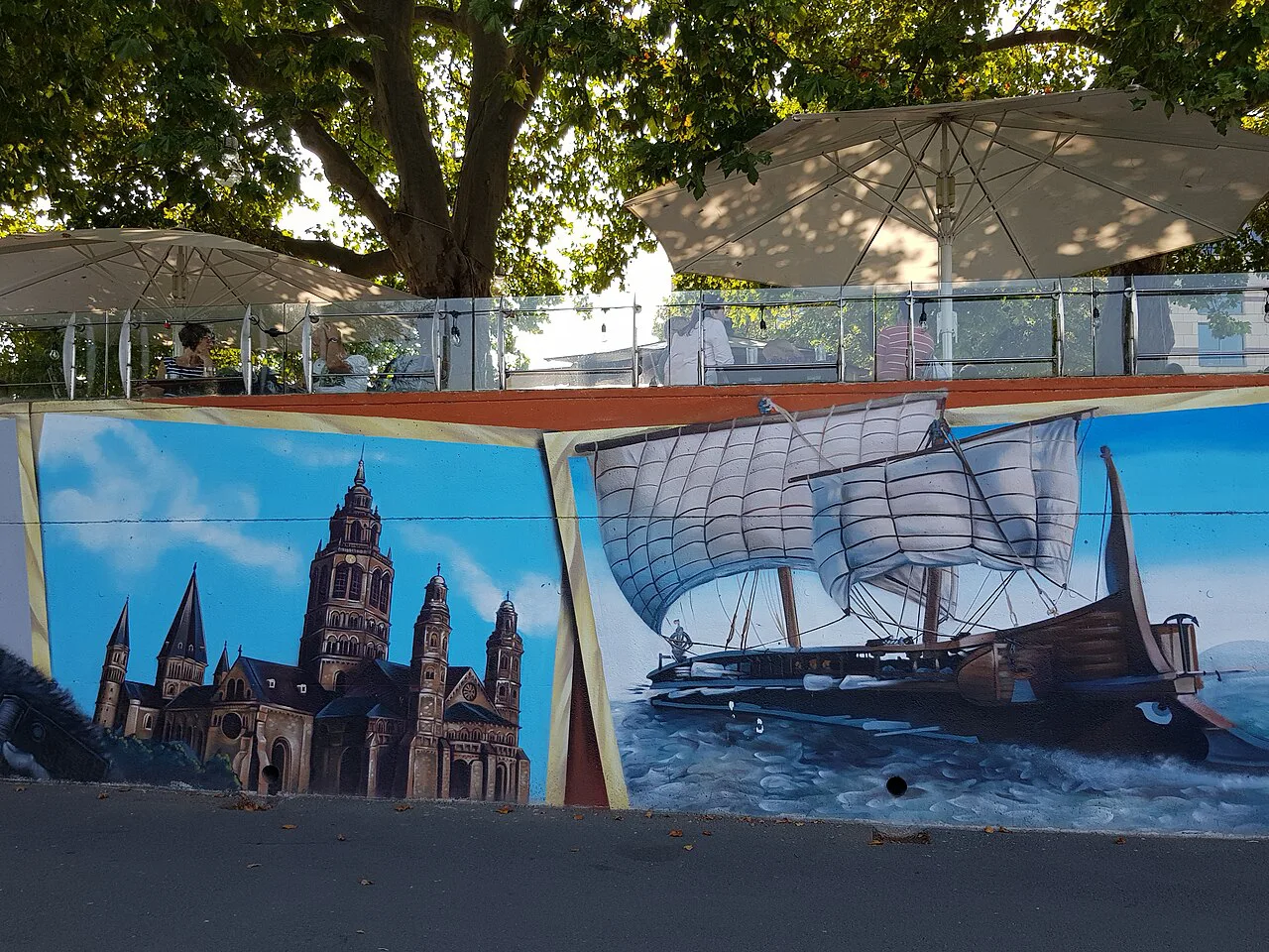 Murals below the Rheinkanzel beer garden on the Rhine promenade, Mainz.