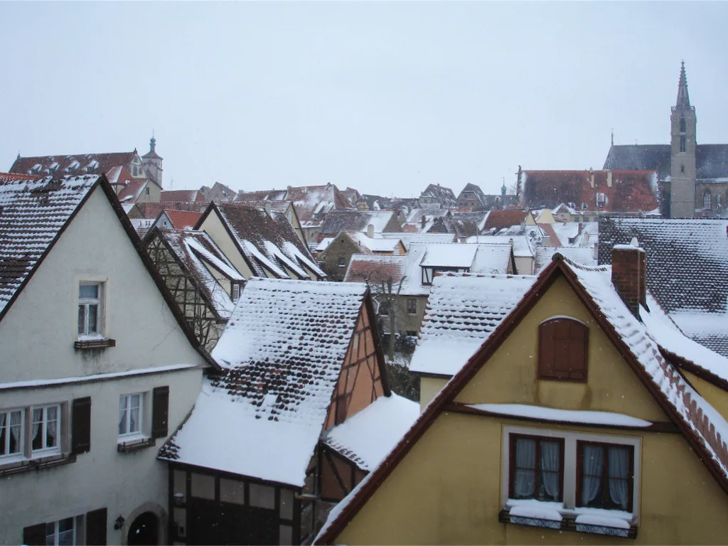Snow-covered rooftops in the old town, Rothenburg ob der Tauber.