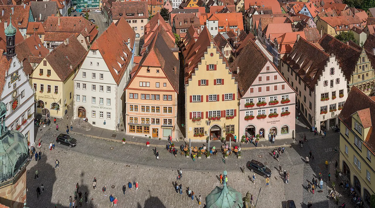 Rothenburg ob der Tauber's market square seen from the town hall tower.