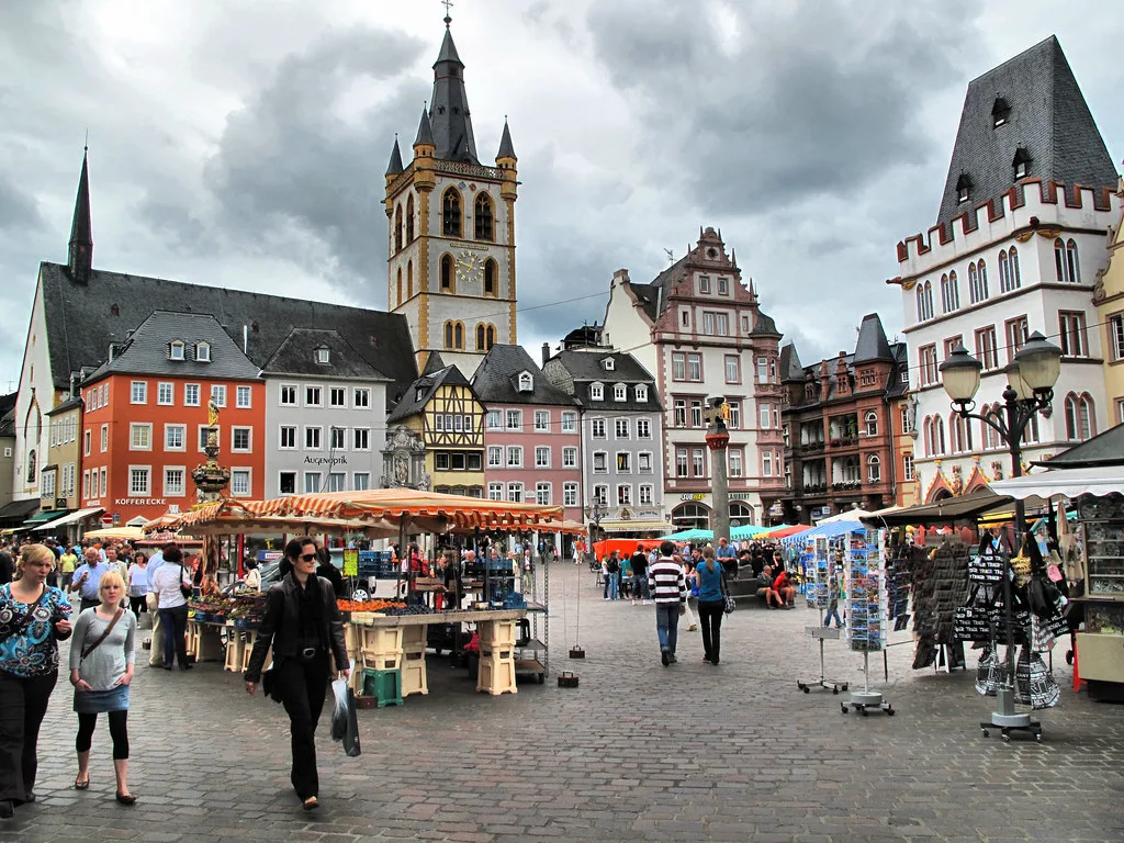Market stalls on the Hauptmarkt, Trier.