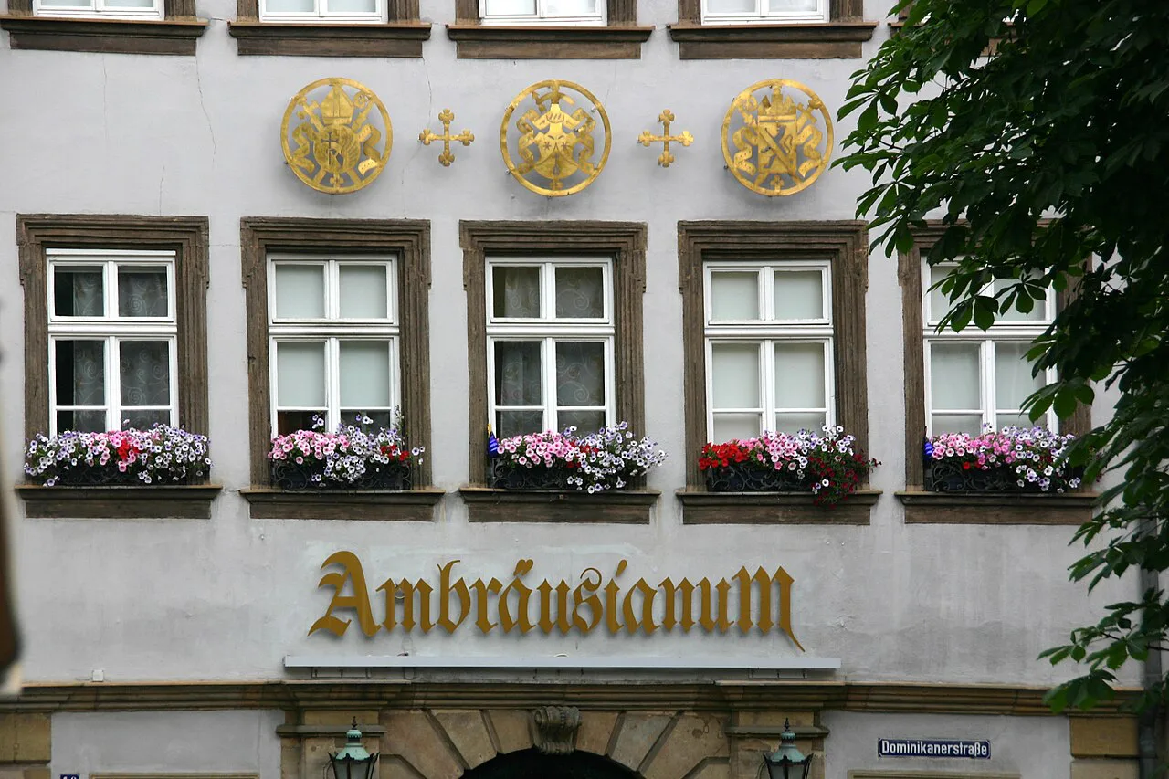 Facade of the Ambräusianum brewpub, Bamberg.