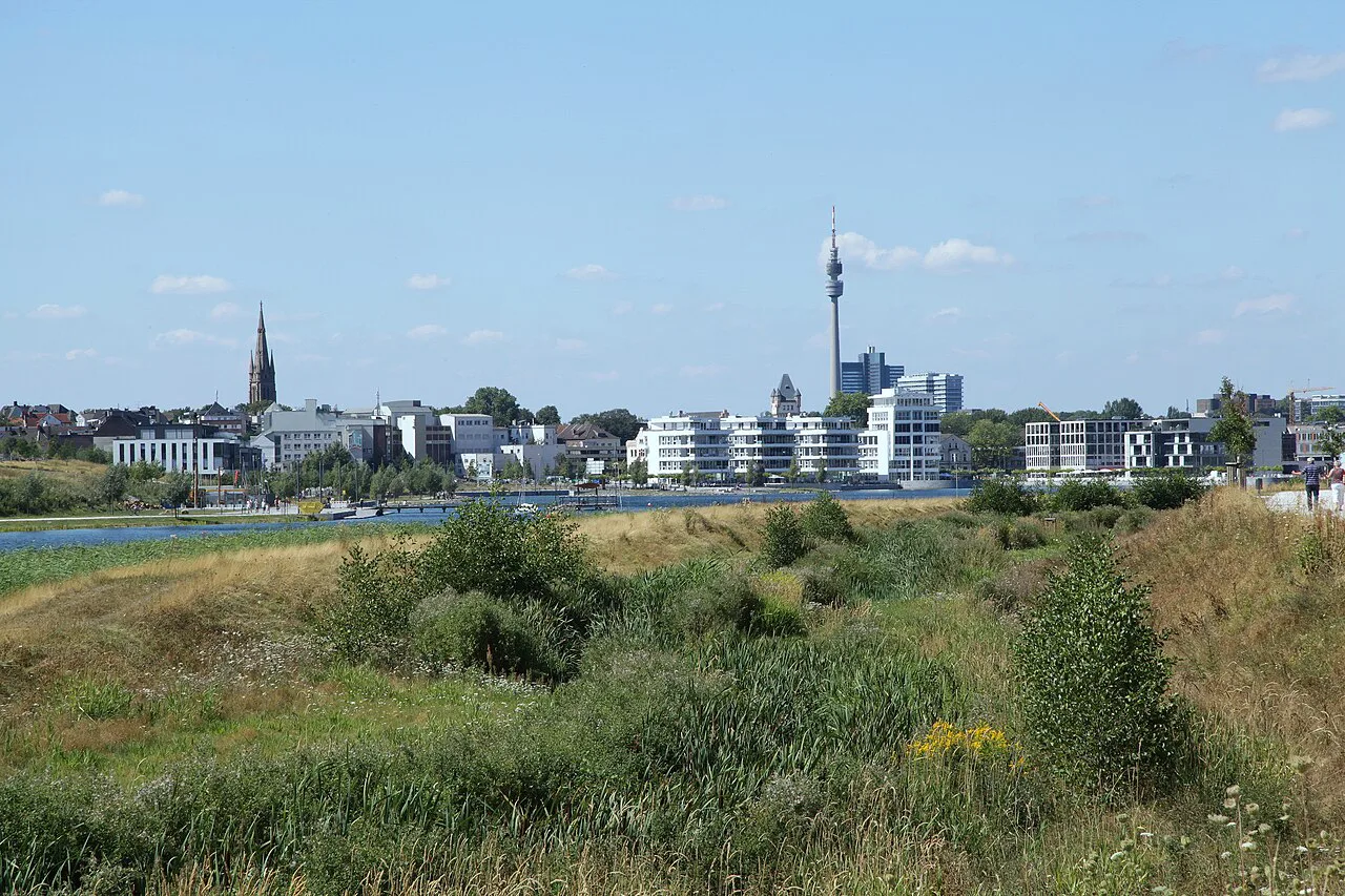The Emscher River and Phoenix-See with the Dortmund skyline, Dortmund.