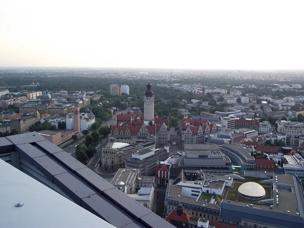 Leipzig city center and the New Town Hall tower from above, Leipzig.
