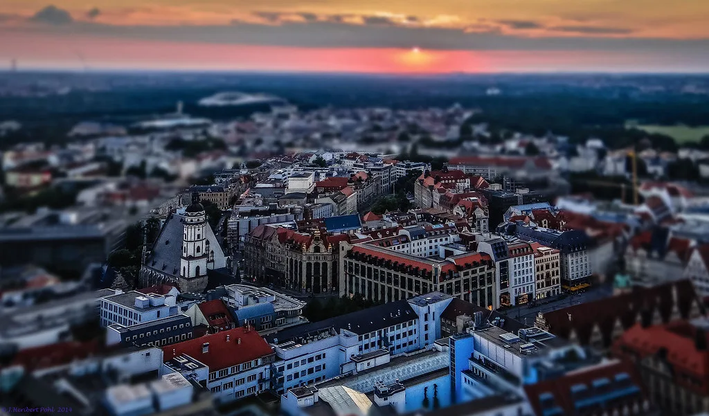 Sunset over the old town of Leipzig.
