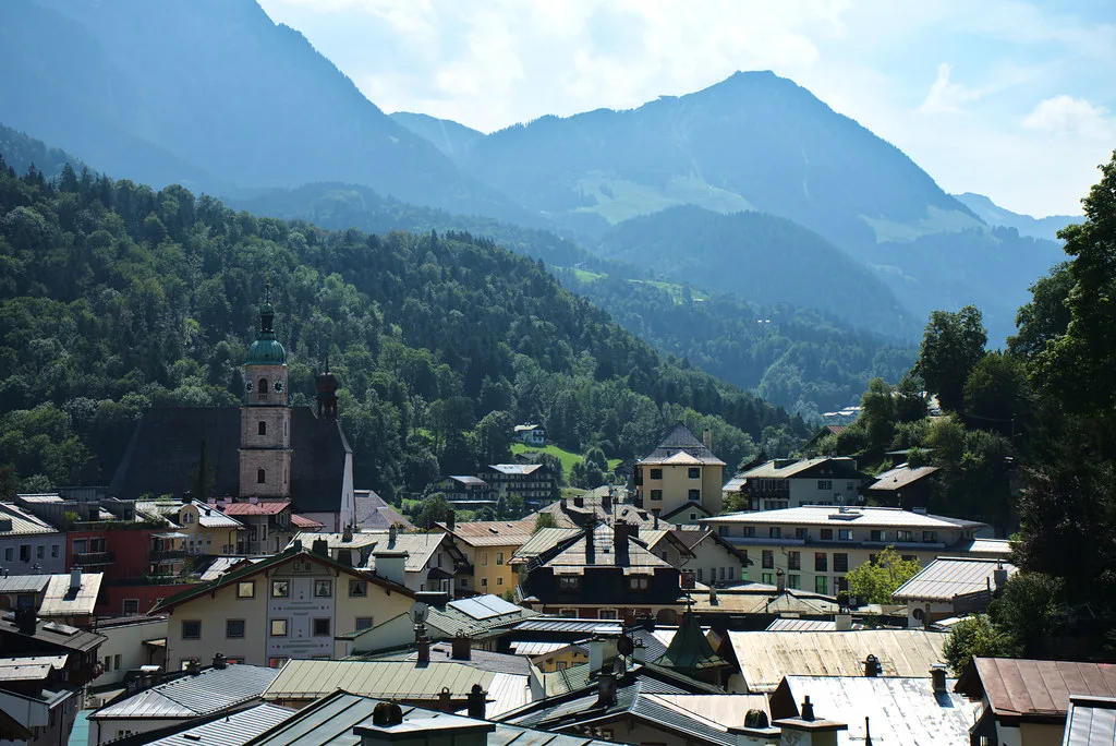 Berchtesgaden town below the mountains.