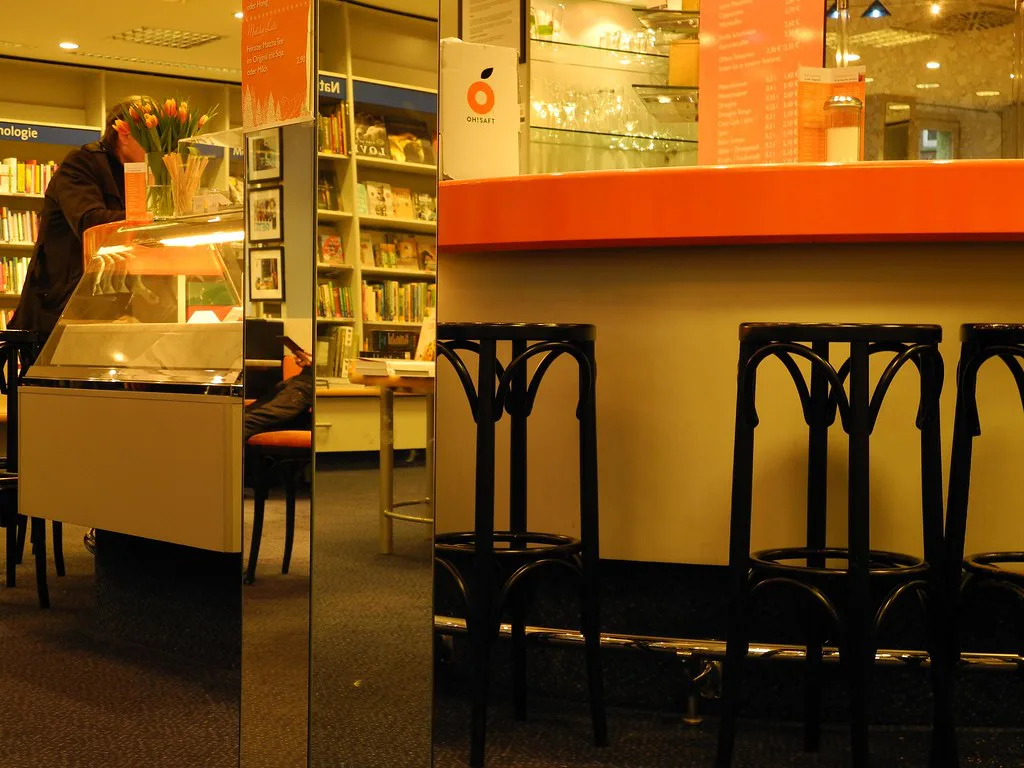 Café counter inside the Pustet bookshop, Augsburg.