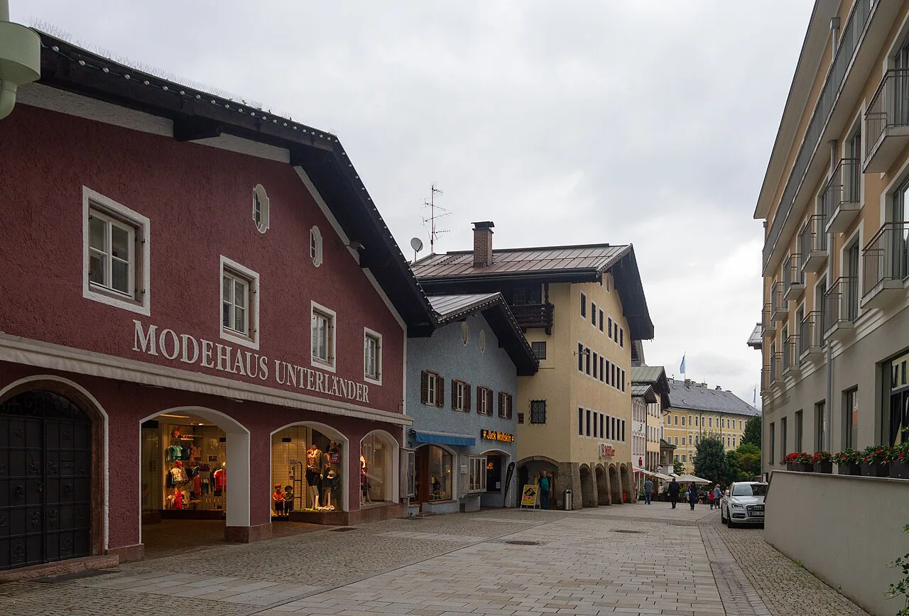 Painted houses along a street in central Berchtesgaden.