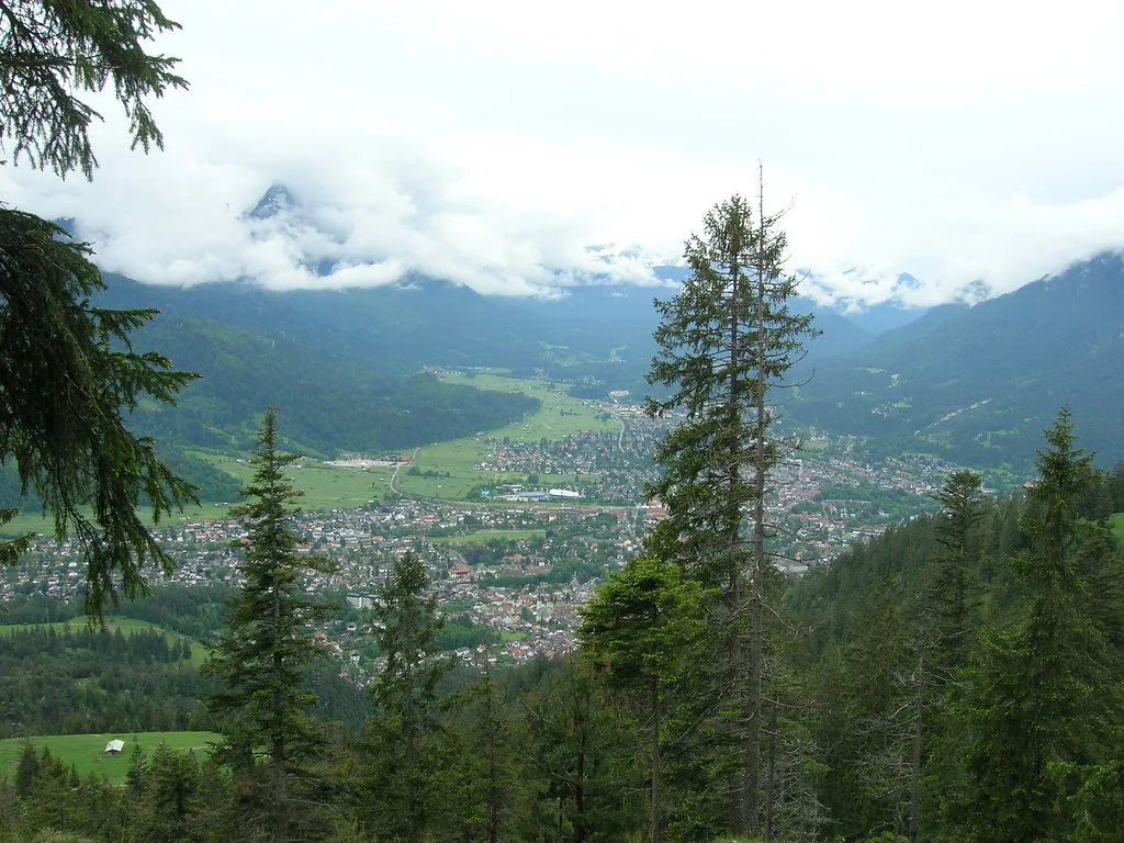 Garmisch-Partenkirchen in its valley, seen from Mount Wank.