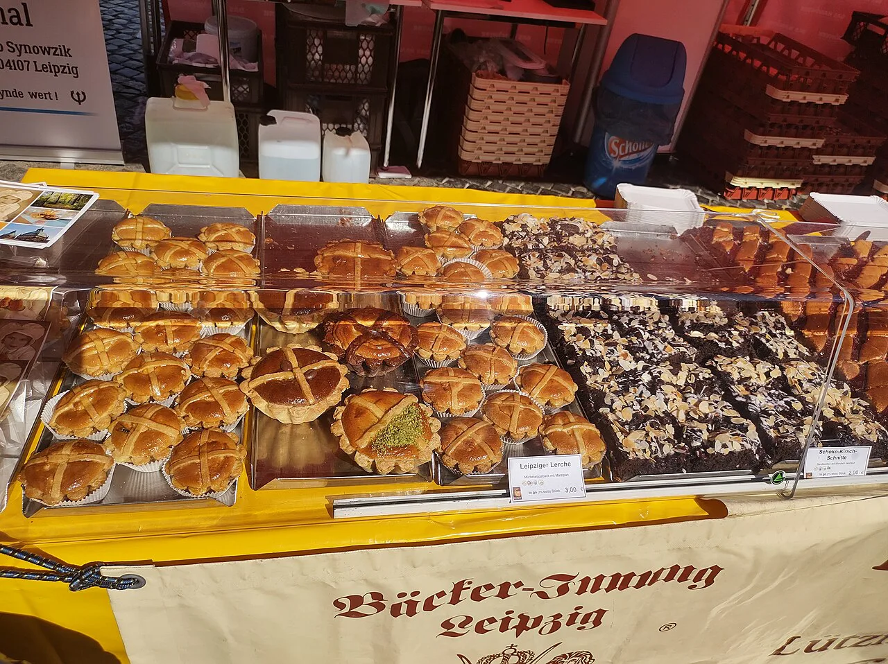 Pastries and cakes on a Leipzig bakery and pastry stall at the Tag des Handwerks crafts day, Leipzig.