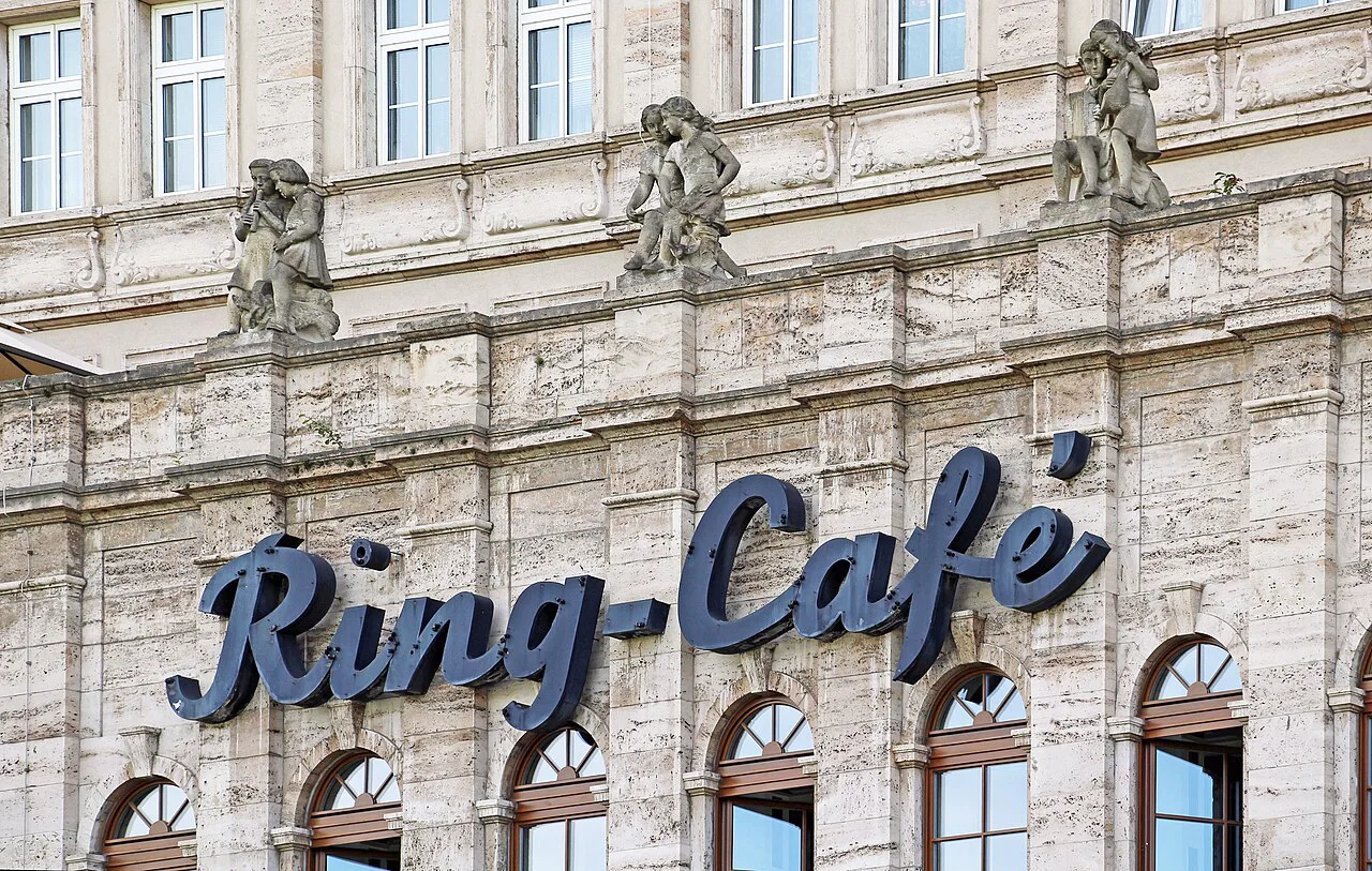 Ring-Café sign on the 1950s Ringbebauung at Roßplatz, Leipzig.