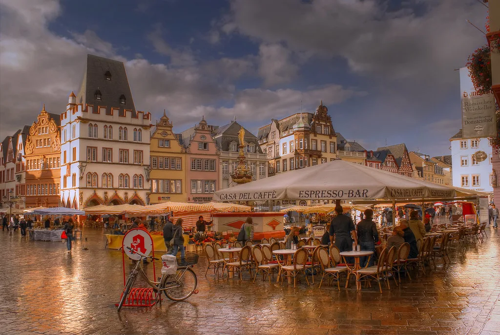 Café tables on the Hauptmarkt in Trier.