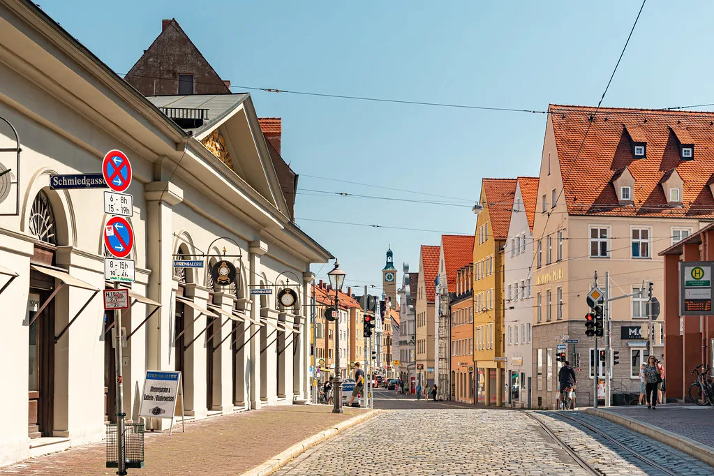 A street of colorful old-town houses, Augsburg.