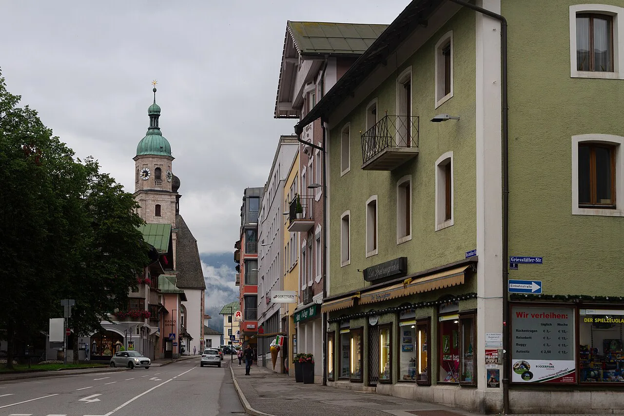 A street in central Berchtesgaden with a church tower, Berchtesgaden.