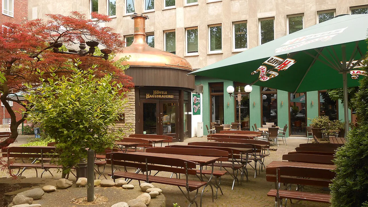 Beer garden of Hövels Hausbrauerei, a brewpub in central Dortmund.