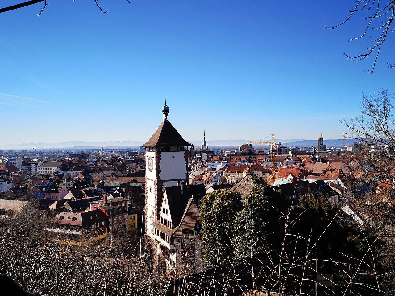 The Schwabentor gate and Freiburg old town seen from the Schlossberg.