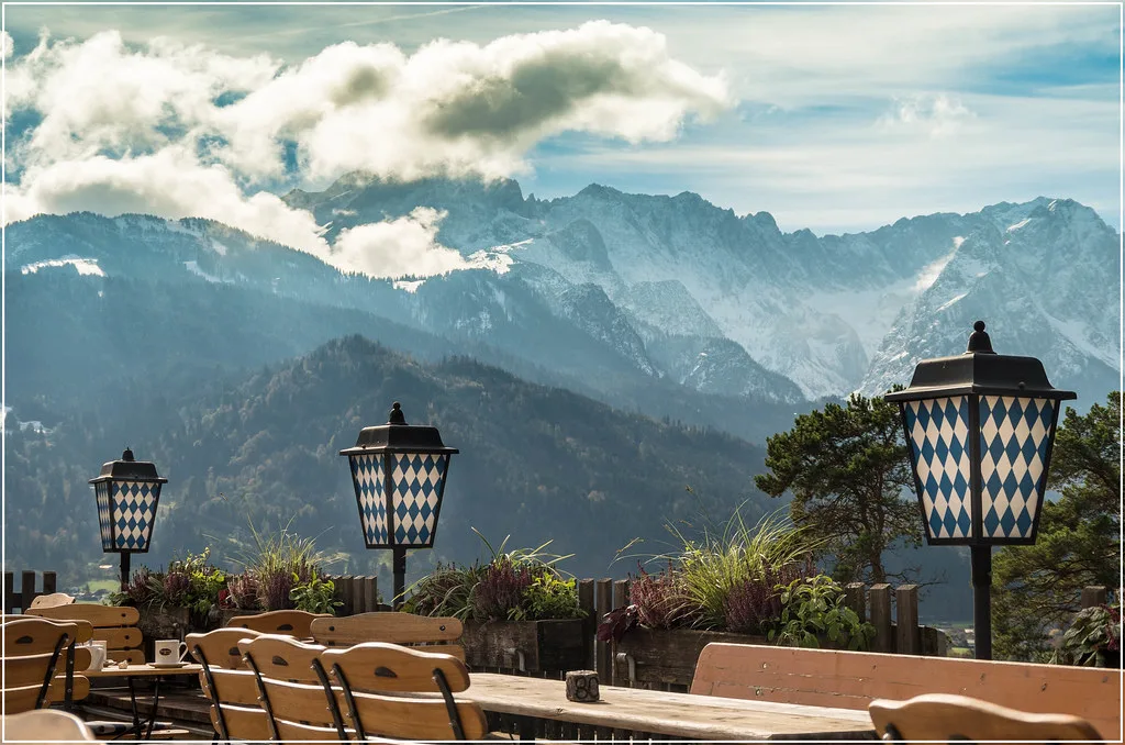 A beer garden terrace with Alpine views, Garmisch-Partenkirchen.