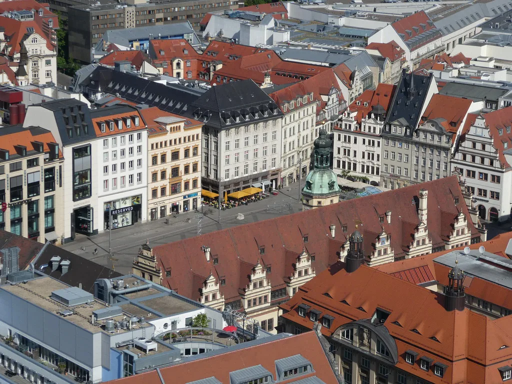Leipzig's Market Square and old-town roofs seen from above.