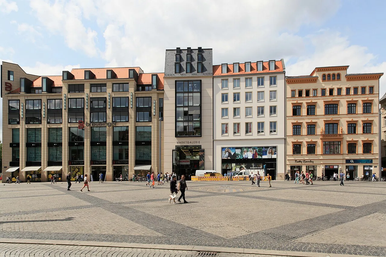 Historic townhouses on the Markt, Leipzig's main square.