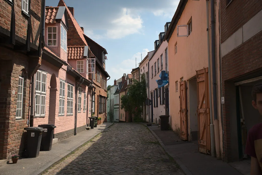 A cobbled lane of old brick houses, Lübeck.