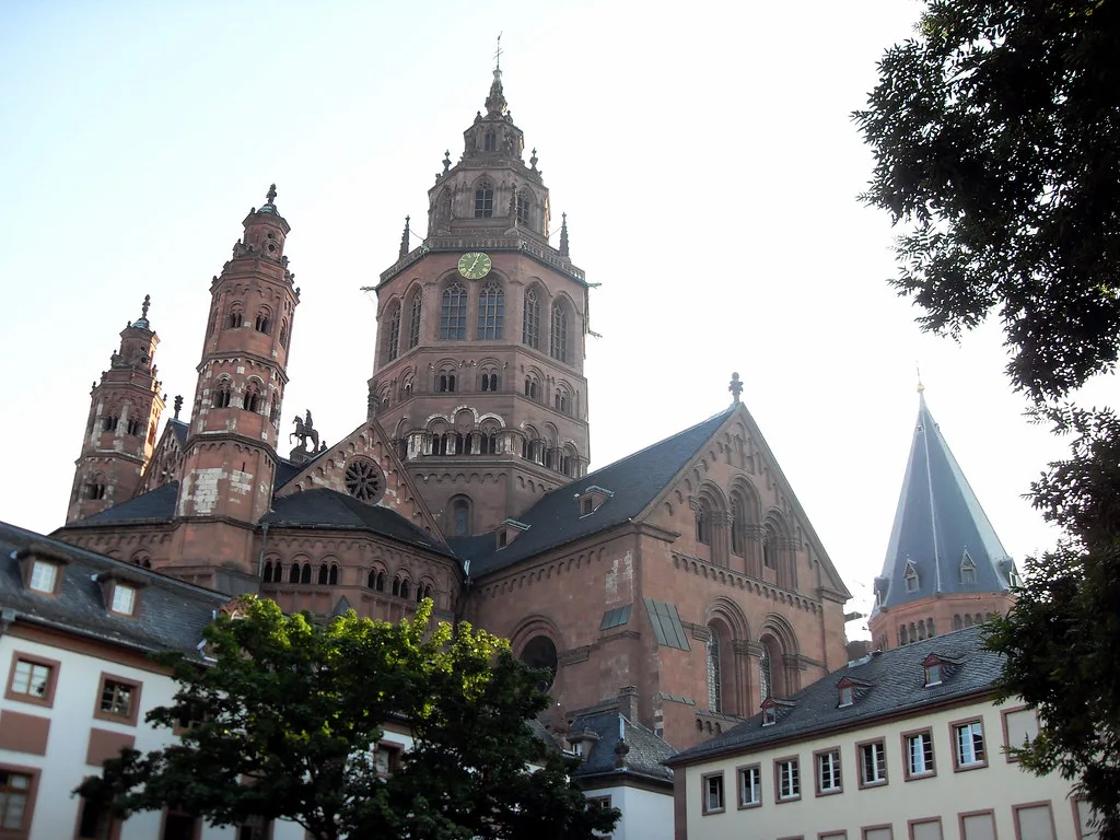 Mainz Cathedral's red sandstone towers.
