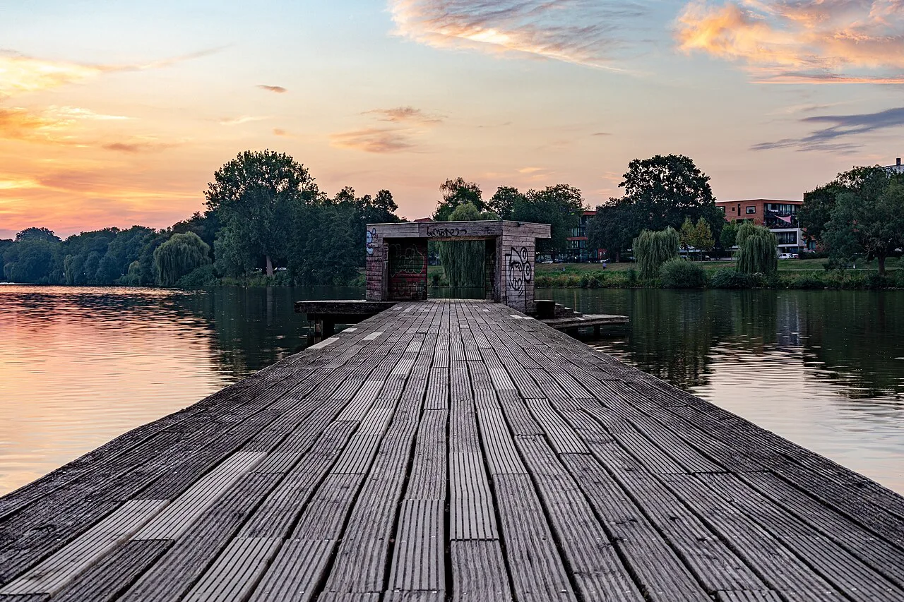 The Pier sculpture on Lake Aasee at sunset, Münster.