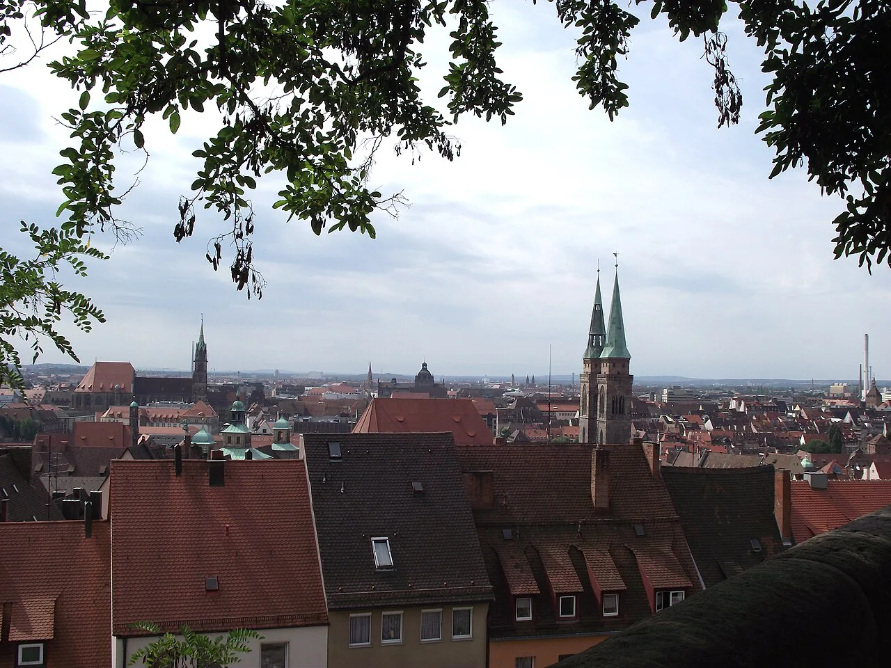 Nuremberg's old town and St. Sebaldus Church seen from the castle gardens.