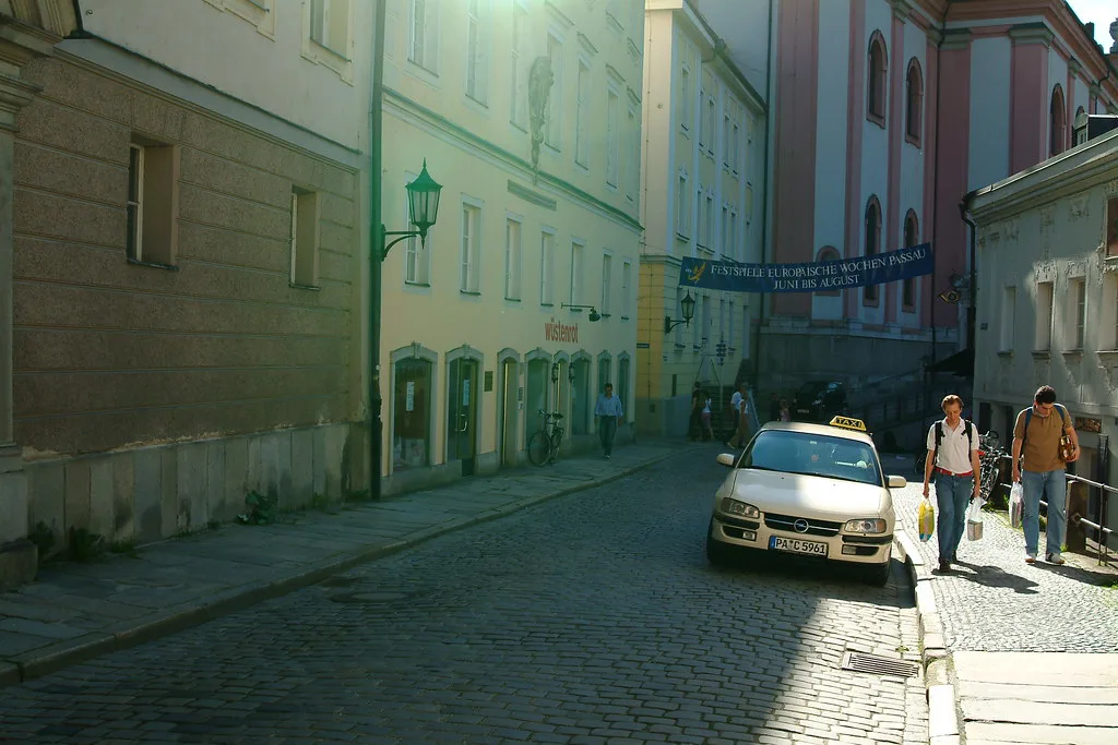 A cobbled old-town street in Passau.