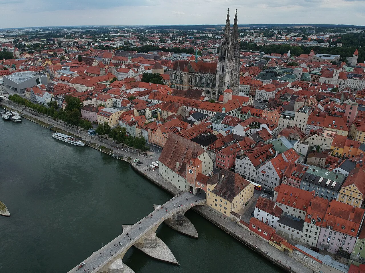 Aerial view of Regensburg old town, the cathedral and the Stone Bridge, Regensburg.