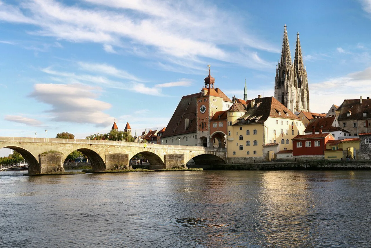 The Stone Bridge and the cathedral spires on the Danube, Regensburg.