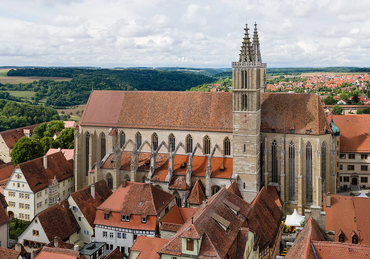 St. James's Church above the rooftops, seen from the town hall tower, Rothenburg ob der Tauber.