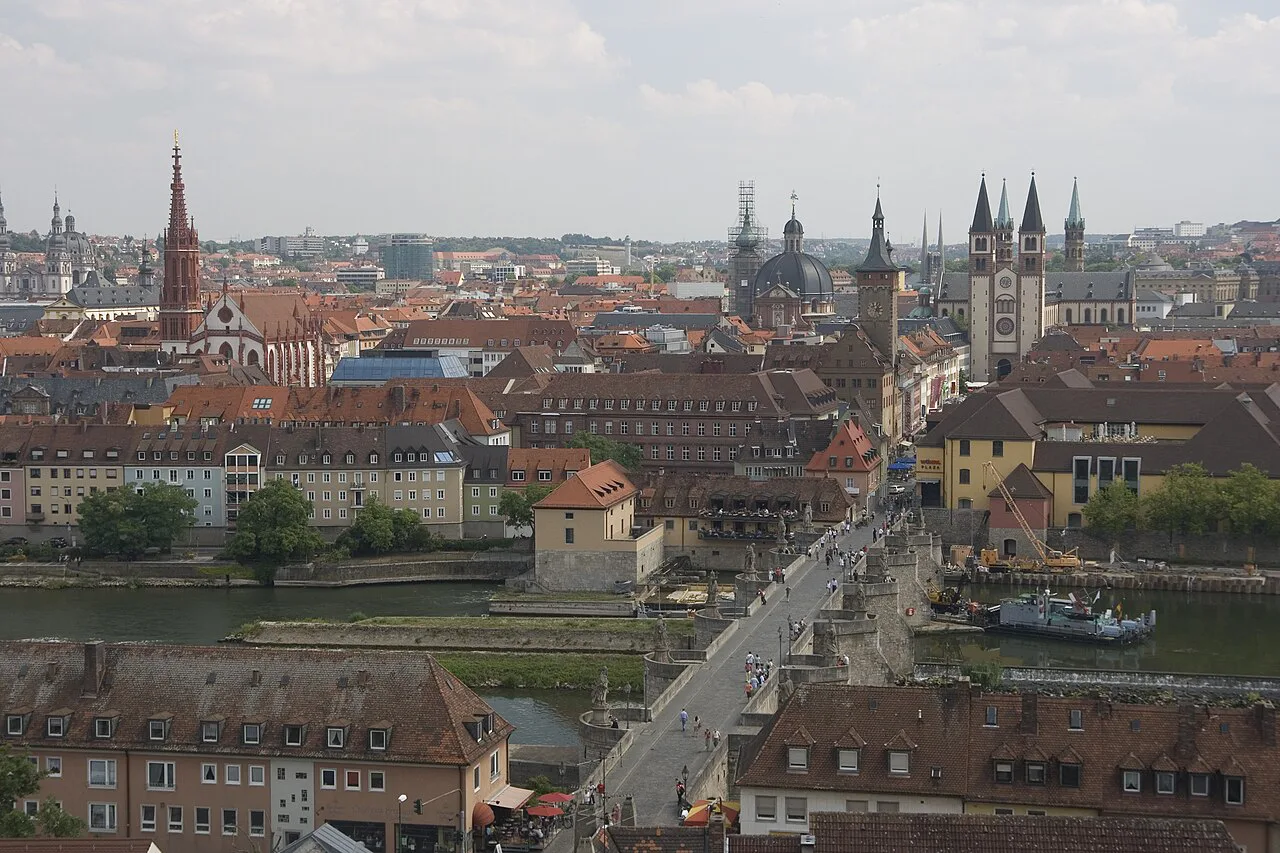 View over Würzburg's old town and the Old Main Bridge.