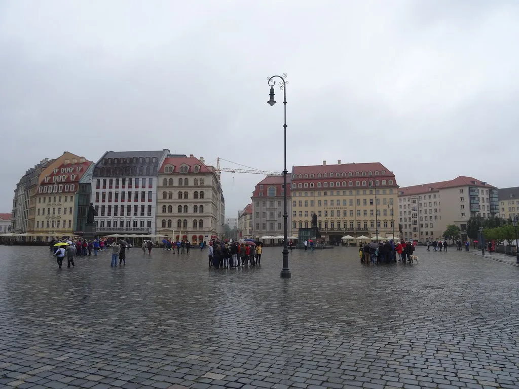 Neumarkt square in the old town on a rainy day, Dresden.