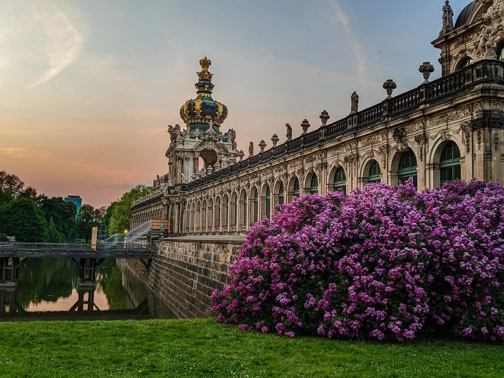 The Zwinger palace with blooming rhododendrons, Dresden.