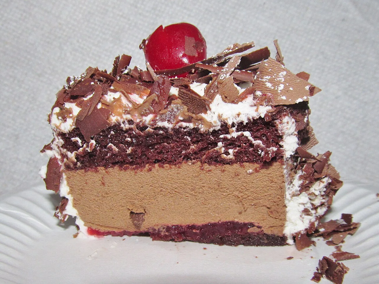 A slice of Black Forest cake topped with a cherry.