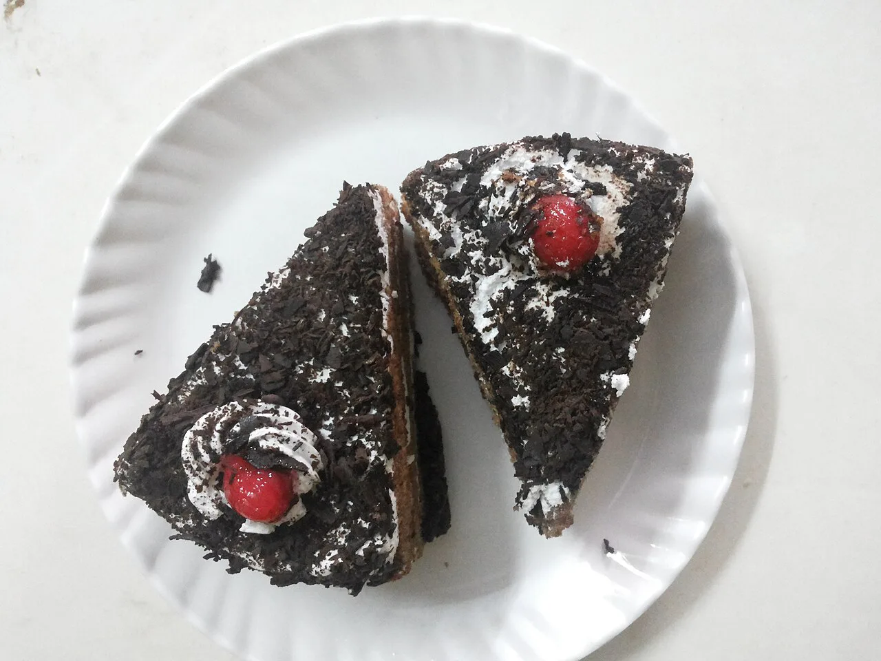 Two slices of Black Forest cake.